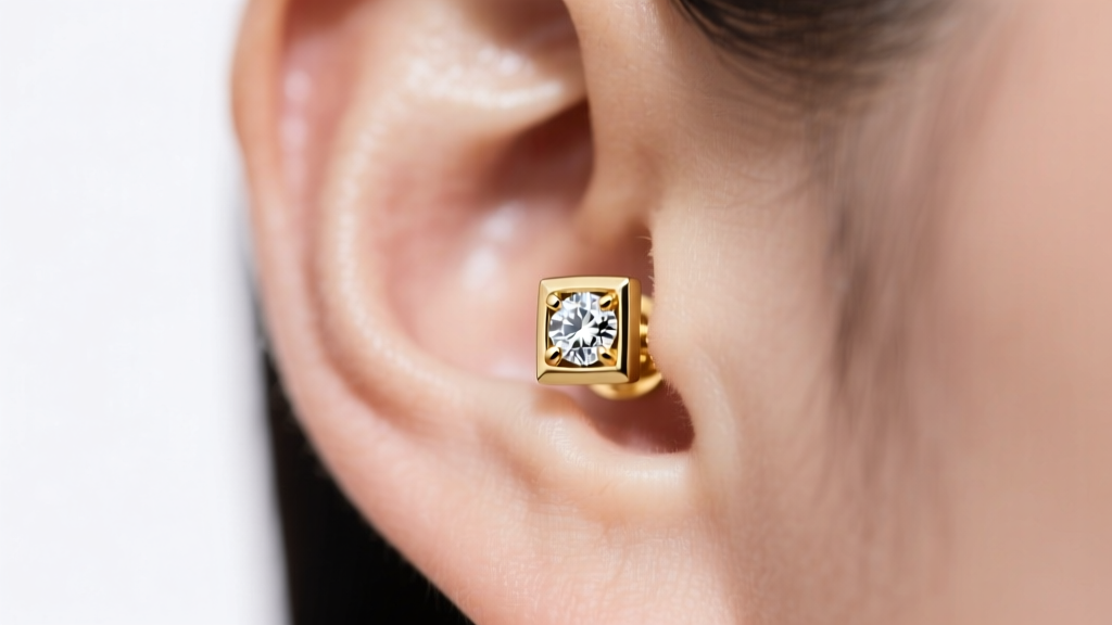 Close-up of a minimalist 18-gauge solid gold diamond stud in a left ear lobe, soft studio lighting, modern fashion editorial style