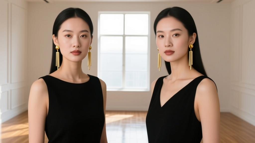 Two women with round and oval faces wearing varying lengths of black and gold dangle earrings, illuminated by bright natural window light