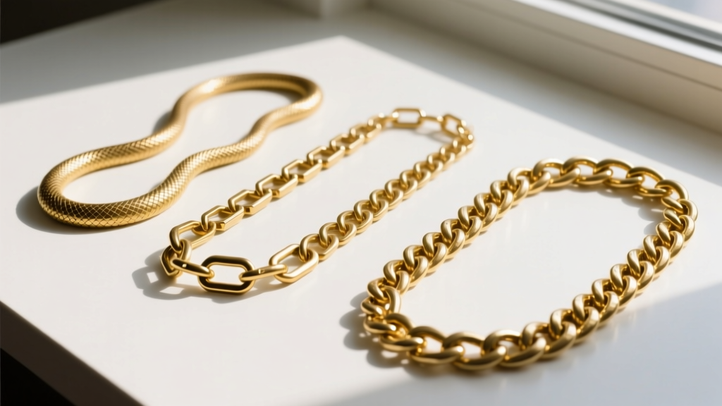 Flat lay of four vintage 1980s gold chains of varying lengths including a snake chain, box chain, and herringbone link