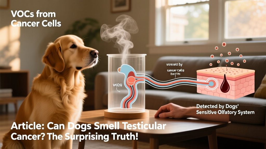 An infographic showing how VOCs from cancer cells travel through bodily fluids to the skin surface, where a dog can detect them