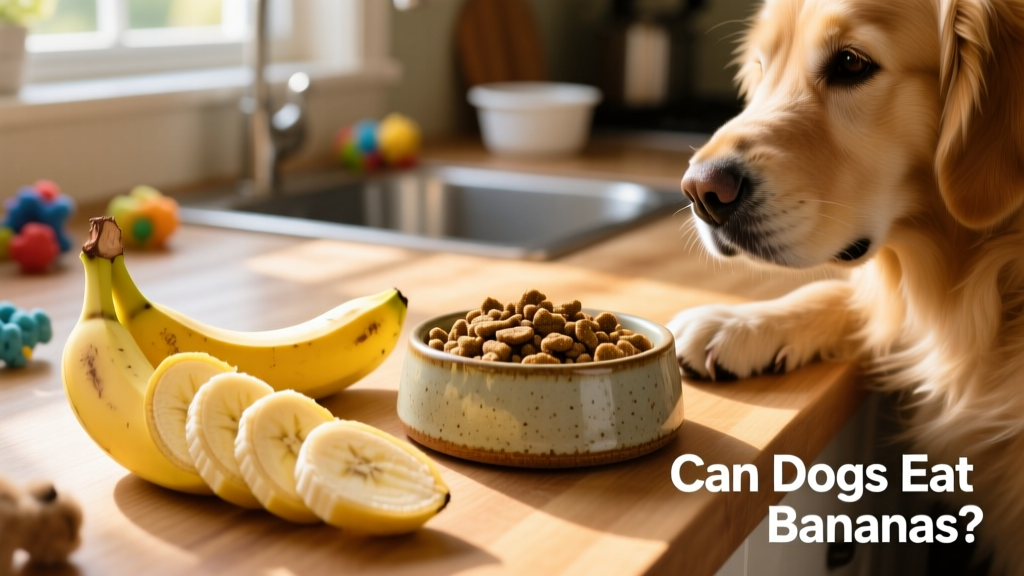 Close-up of sliced fresh banana next to a dog bowl with kibble, showing portion comparison
