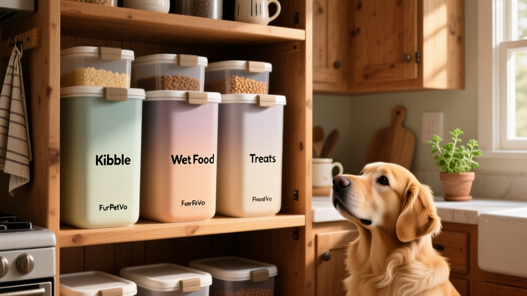 Family kitchen scene showing FurPetVo containers organized on pantry shelf with labeled sections for kibble, wet food, and treats