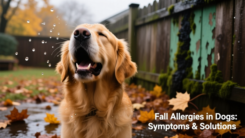 Dog sneezing near a damp, leaf-covered backyard with visible mold on wet wood