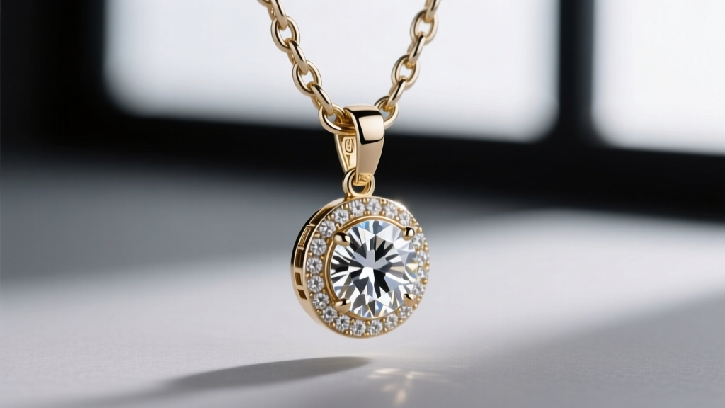 Macro shot of a bezel-set diamond pendant on an 18k white gold cable chain highlighting precise metalwork and clasp details