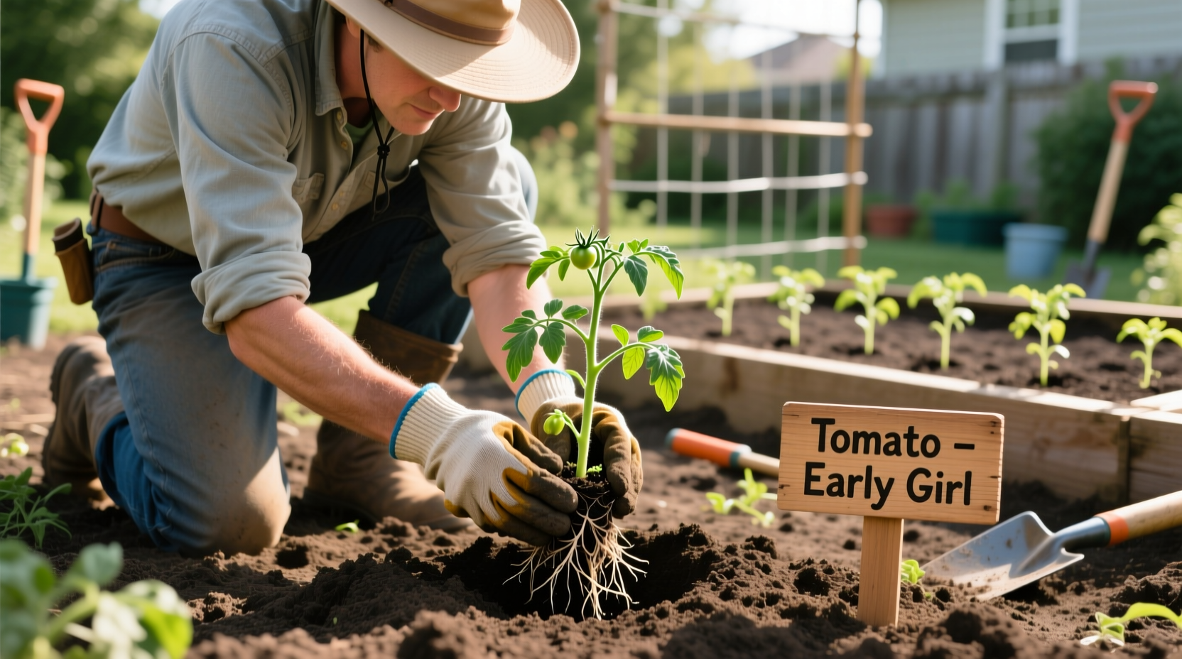 Gardener planting tomato seedling with proper depth technique