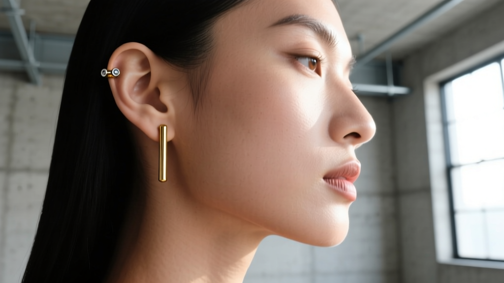 Side profile of a model wearing a 14k gold straight barbell earring in an industrial cartilage piercing, highlighting alignment