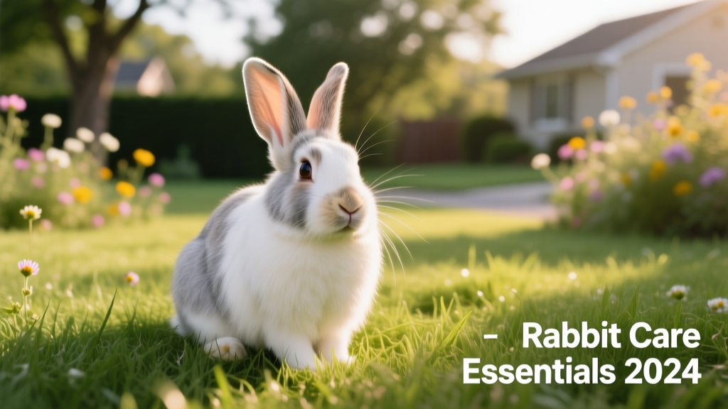 Rabbit sitting calmly on soft green grass, ears upright, looking alert and healthy