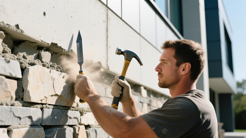 Mason using a chisel to remove failing mortar joints on manufactured stone veneer applied to a poured concrete exterior wall