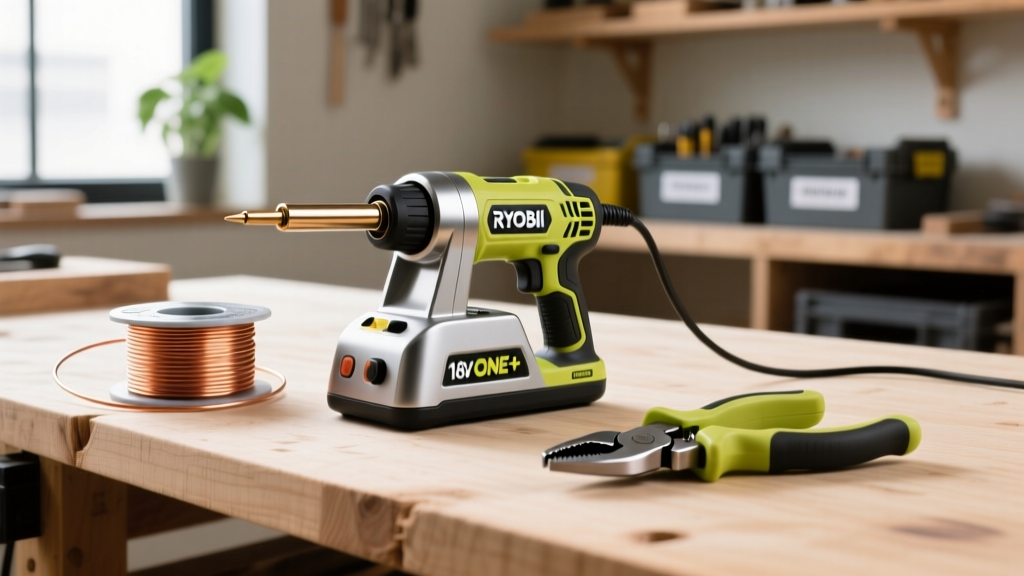 Ryobi 18V ONE+ cordless soldering station resting on a wooden workbench next to a spool of rosin core solder and wire strippers