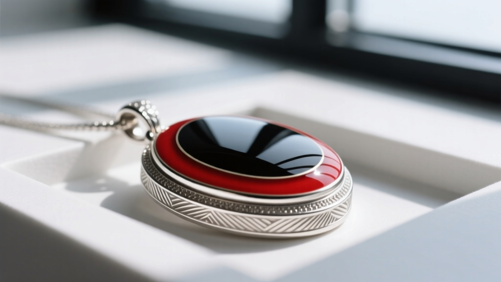 Close-up of vitreous glass enamel applied to a recessed sterling silver pendant base, showing vibrant red and black enamel colors.