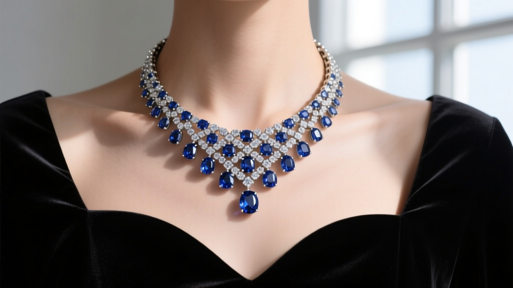 Close-up of a diamond and sapphire collar necklace resting perfectly on the collarbone above a black velvet sweetheart neckline.