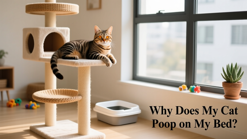 A relaxed cat lounging on a tall, multi-level cat tree with cubbies and perches, near a clean, open litter box