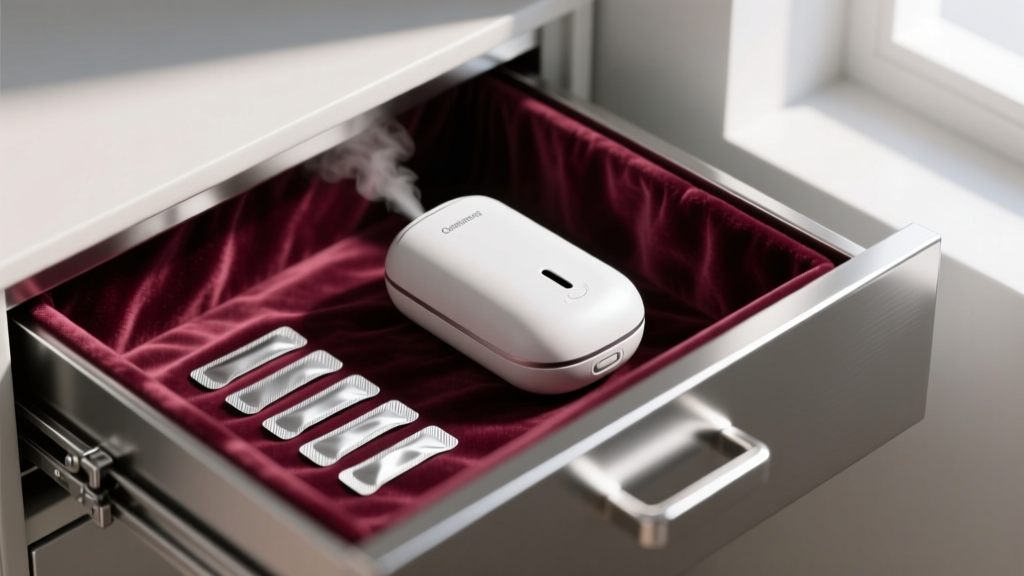 Rechargeable mini dehumidifier and anti-tarnish strips tucked discreetly into the corner of a velvet-lined metal tool drawer