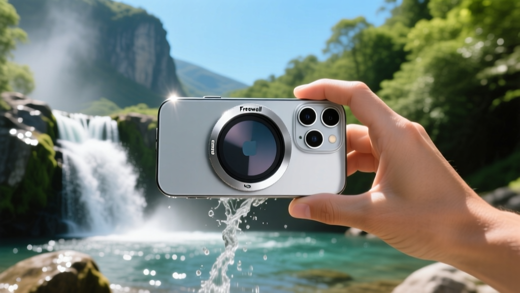 Freewell magnetic variable ND filter snapped onto an iPhone 16 Pro rear camera module while shooting a brightly lit outdoor waterfall