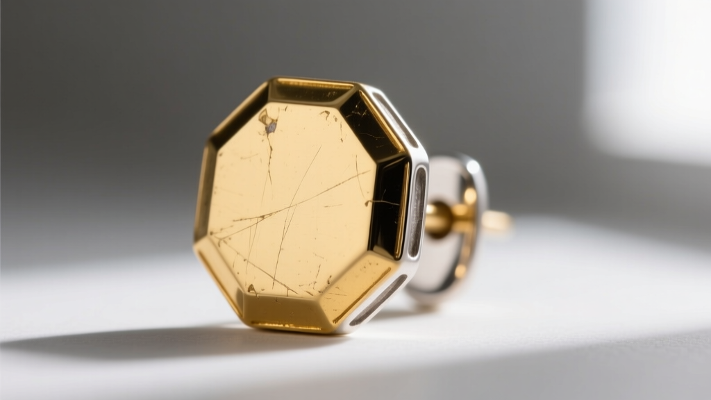 Close-up of an octagon gold vermeil earring showing subtle wear on the outer corner, revealing the sterling silver base metal