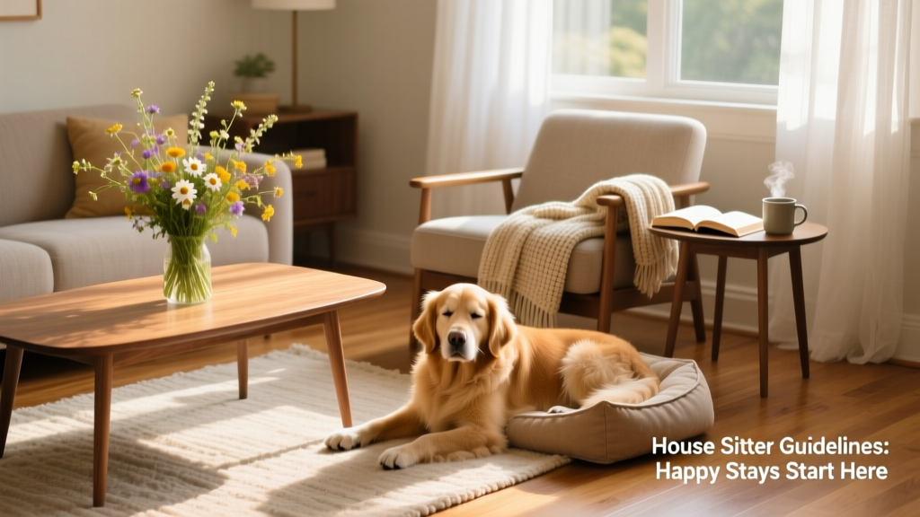 A tidy, sunlit living room with fresh flowers on the coffee table and a relaxed dog resting nearby—showing a well-cared-for home during a house sit