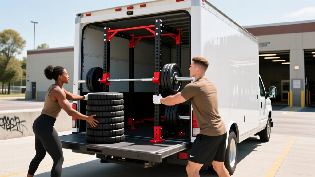 Two volunteers loading a disassembled black steel power rack and rubber bumper plates into a white box truck for community center delivery