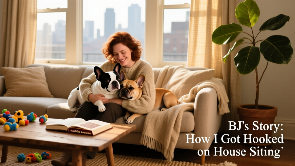 BJ cuddling two French Bulldogs on a cozy living room sofa
