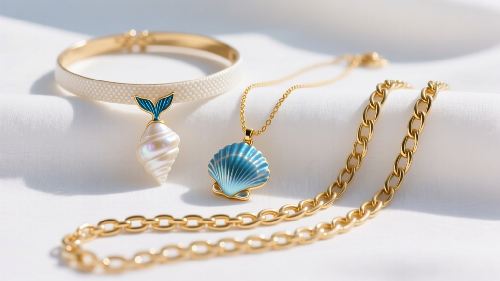 Layered coastal necklaces on linen, featuring a choker, a mermaid seashell pendant on a 16-inch chain, and a long gold chain.