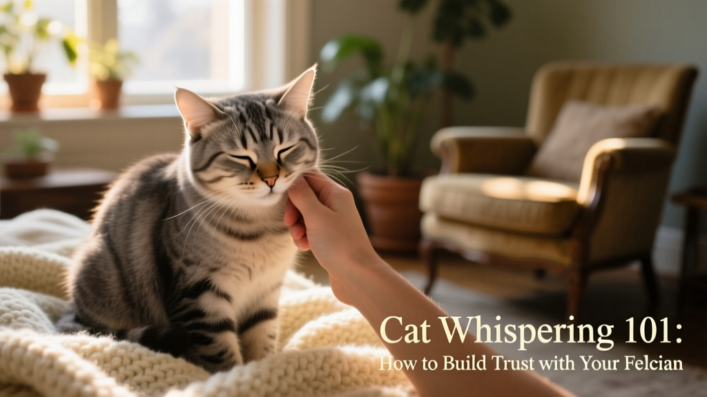A cat calmly rubbing its cheek against a person's hand while sitting on a soft blanket