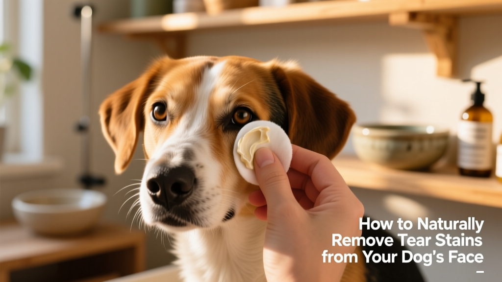 Hand applying a gentle, creamy paste under a dog's eye using a soft cotton pad