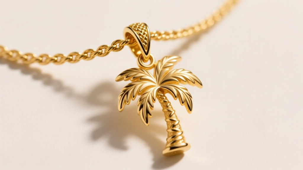 Macro shot of a 1.2mm 14k yellow gold rope chain threading through the bail of a textured gold palm tree pendant, studio lighting.