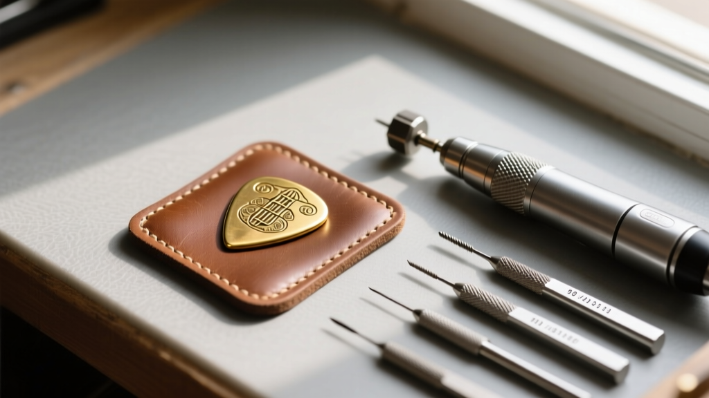 Overhead view of a jeweler bench featuring a brass guitar pick, flex shaft handpiece, and precision needle files under warm light