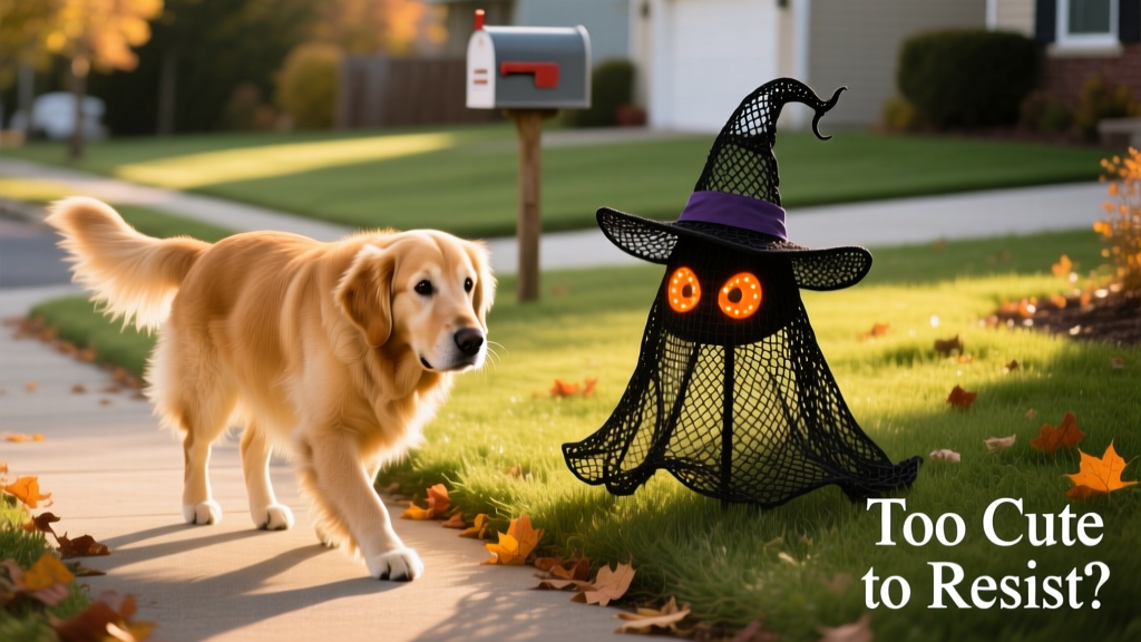 Golden Retriever cautiously approaching a mesh witch decoration in a front yard, tail low but ears perked