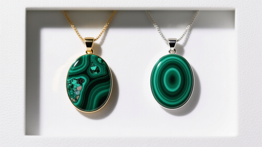 Side-by-side comparison of a genuine malachite Fiorever pendant and a high-quality replica showing differences in stone veining.