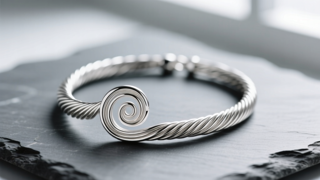 Close-up of an Argentium spiral silver necklace on slate, displaying bright luster and precise coiled wire tension