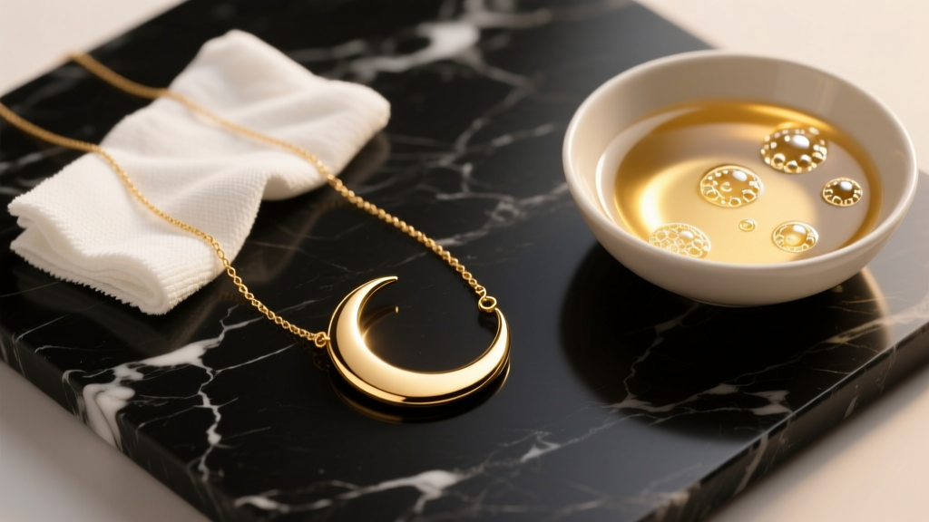 Flat lay of an 18k gold moon necklace, polishing cloth, and soapy water bowl on dark marble, top-down studio view, warm lighting