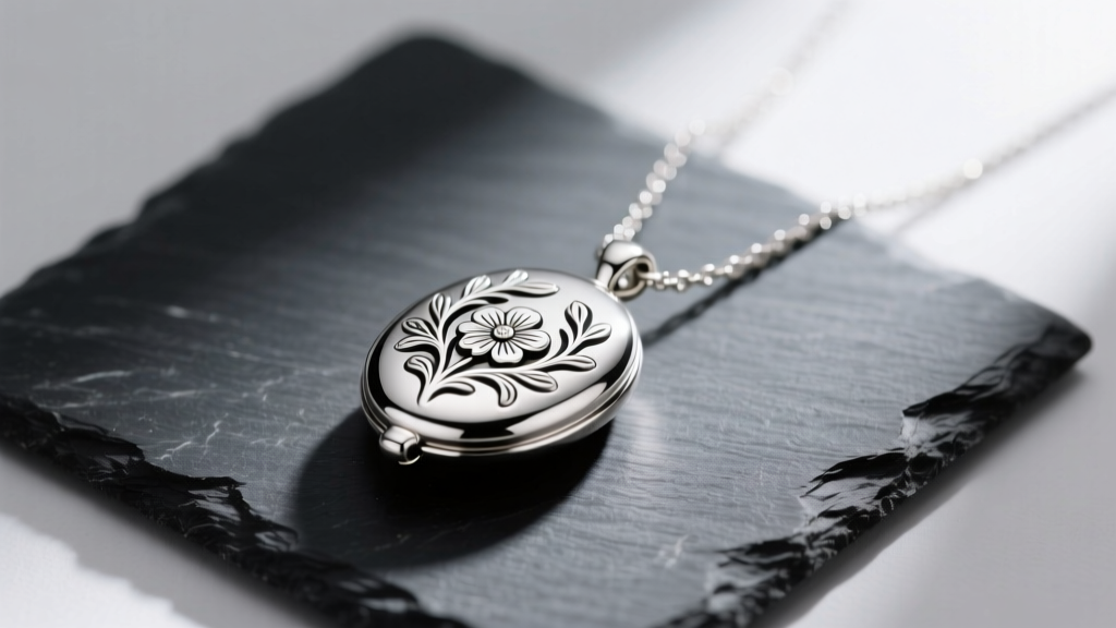 Sterling silver locket necklace with floral engraving on dark slate, highlighting the bright metal finish in soft natural light.