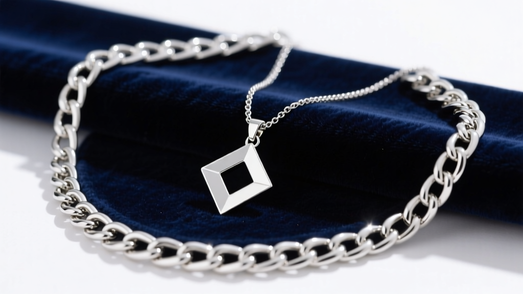 A flat lay gift box containing a 24-inch rhodium-plated sterling silver box chain with a small geometric pendant on dark velvet