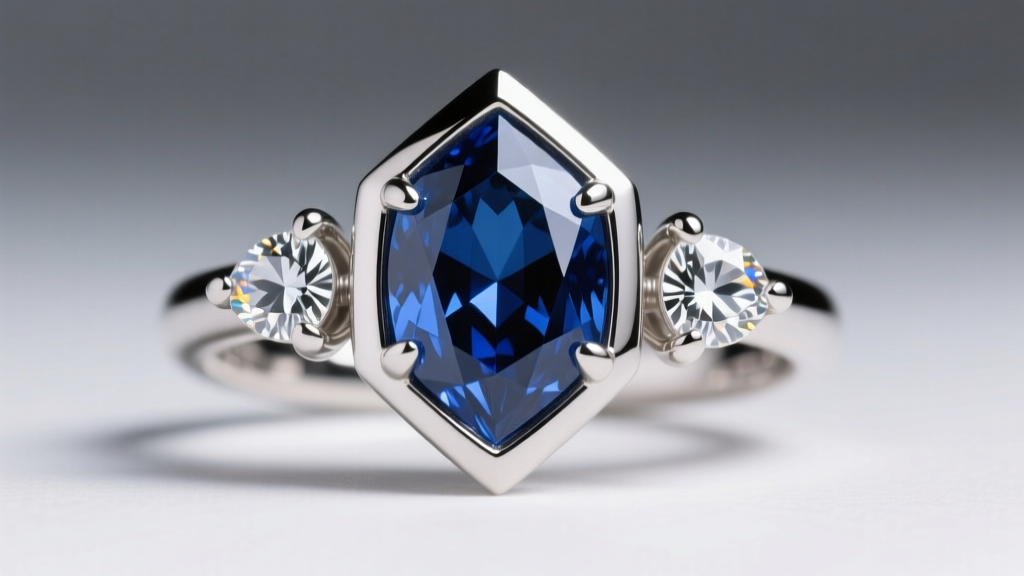 Close-up of a bezel-set kite sapphire and prong-set moissanite earring, showing metal framing around the sharp geometric tips.