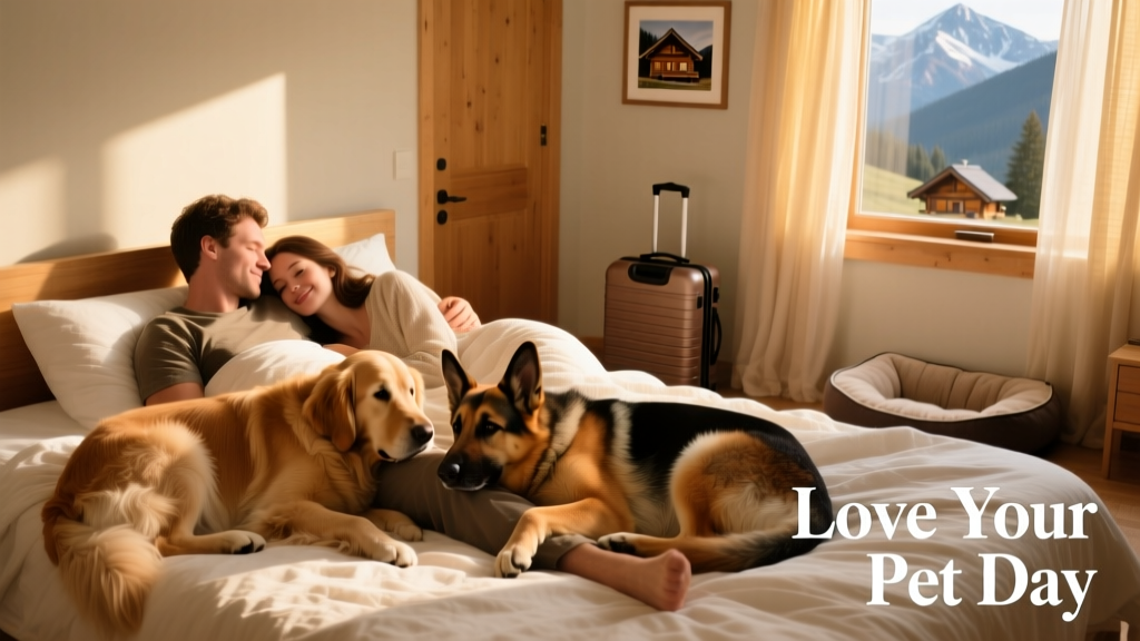 A couple sitting comfortably on a bed with two large, affectionate dogs