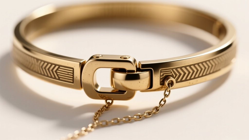 Macro shot of a heavy brass Egyptian collar necklace clasp showing a secure magnetic closure and a delicate safety chain.