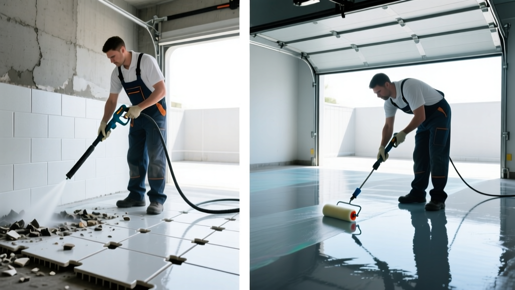 Mechanic pressure washing interlocking PVC garage tiles on left and applying polyaspartic clear coat to epoxy floor on right