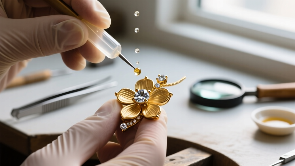 Extreme close-up of a jeweler applying clear epoxy resin to a missing pavé stone setting on a gold-plated flower pendant.