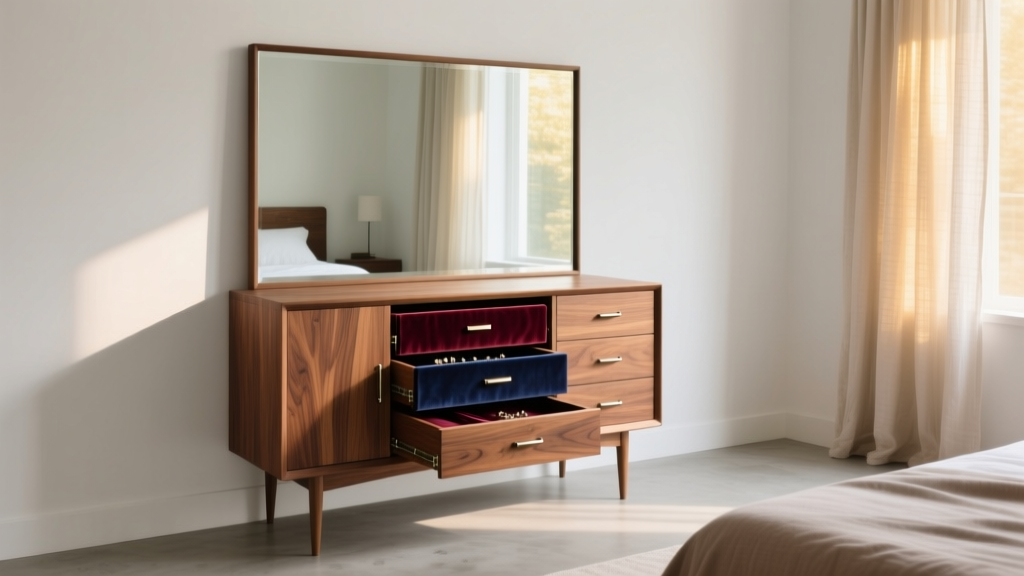 Full-length mirror floor jewelry cabinet in solid walnut, open to reveal velvet-lined drawers, standing in a sunlit modern bedroom space.