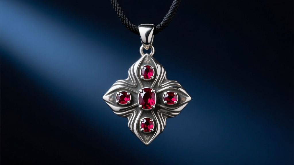 Macro shot of an oxidized sterling silver talisman pendant with ruby accents on dark velvet under moody studio lighting.