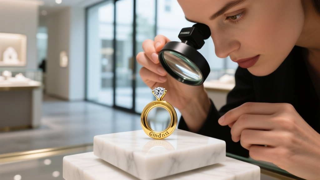 Buyer using a 10x loupe to inspect a girdle inscription on a 14k gold solitaire pendant in a brightly lit modern boutique setting