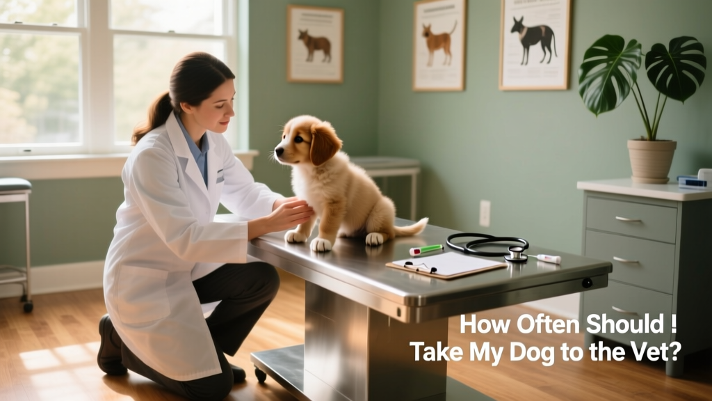 A calm, well-lit exam room with a veterinarian gently examining a young puppy on the table