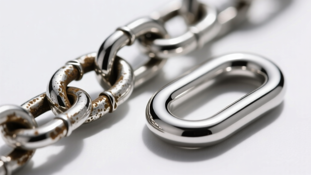 Macro shot of a tarnished sterling silver chain link beside a pristine Grade 5 titanium link under bright jeweler