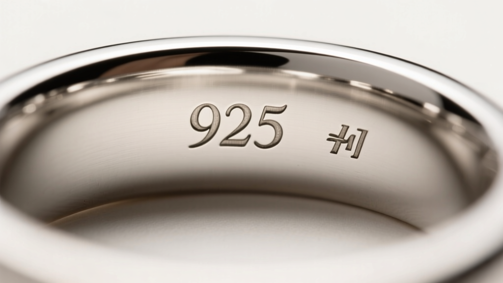 Macro shot of a silver ring interior revealing a crisp, deeply punched jewelry stamp 925 hallmark next to a tiny maker's mark.