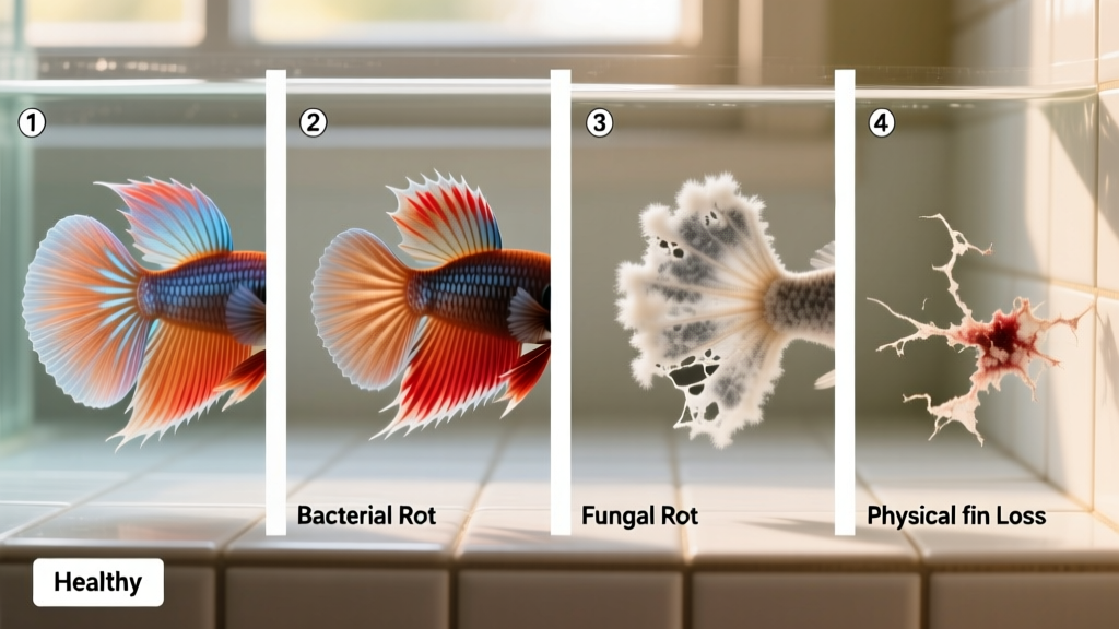 Side-by-side comparison illustration showing healthy betta fins, bacterial fin rot (jagged, uneven edges), fungal fin rot (smooth, eroded edges with white film), and physical fin loss (clean tears or nips without decay)
