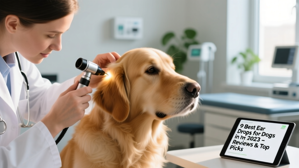 Close-up of a veterinarian gently examining a dog's ear with an otoscope