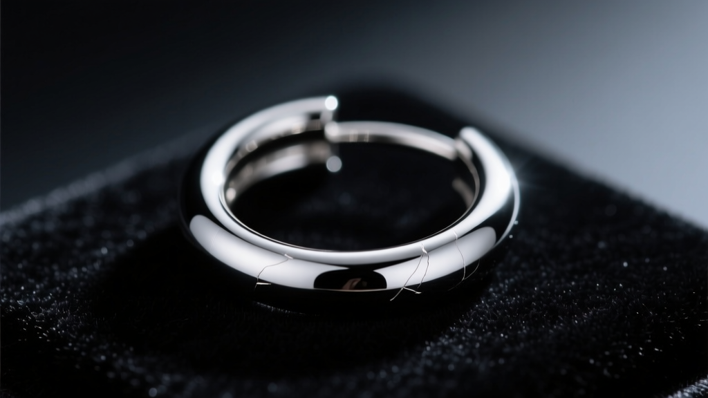 Macro shot of a polished 316L steel guitar hoop earring on dark velvet under moody lighting, highlighting the smooth metal finish.