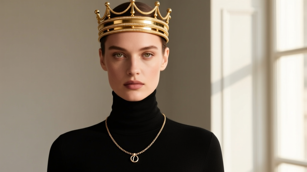 Model wearing a layered gold crown necklace over a black turtleneck, featuring a 2mm Franco chain and a small signet ring.