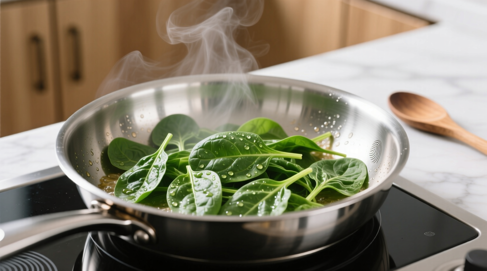 Fresh spinach cooking in stainless steel pan