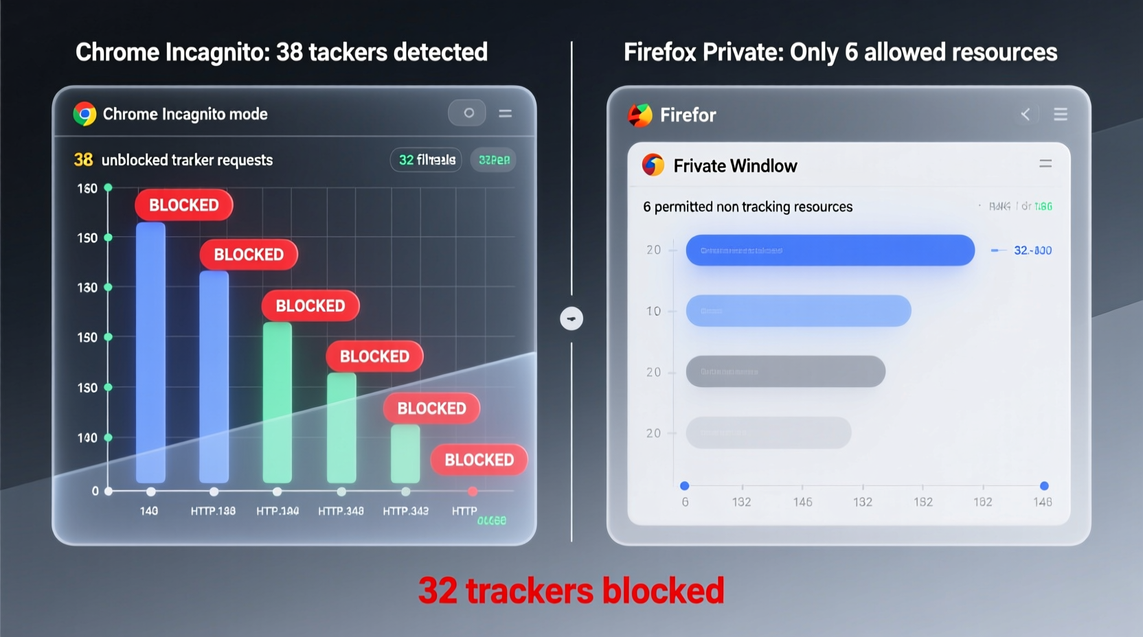 Side-by-side visualization of network request waterfall: Chrome Incognito showing 38 unblocked tracker requests versus Firefox Private Window showing only 6 permitted non-tracking resources, with red 'blocked' tags overlaying 32 filtered domains